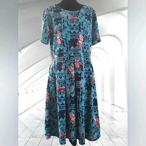 Boho Turquoise 3XL Southwestern Fit Flare Soft Stretch Festival Midi Dress